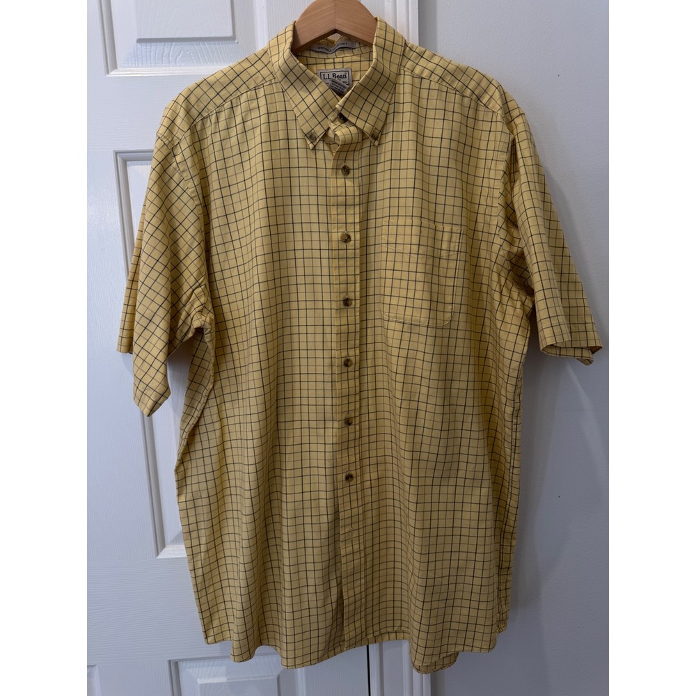 LL Bean Mens XL Tall Yellow Windowpane Plaid Short Sleeve Button Down Shirt